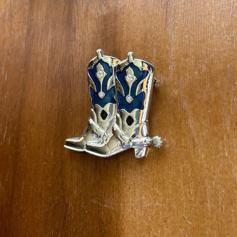 Vintage Silver Tone Cowboy Boots Brooch | Blue Enamel & Rhinestone Western Pin
